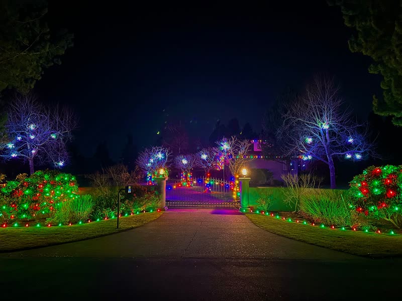 Gated driveway framed by red and green lit shrubs, light-lined lawn edges and glowing spheres in bare trees